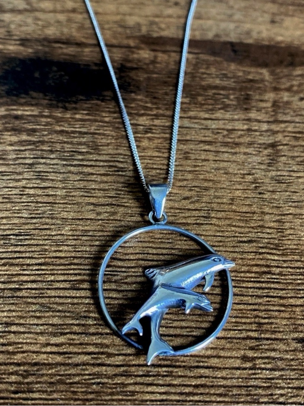Vintage Sterling silver Dolphin circle pendant and Necklace